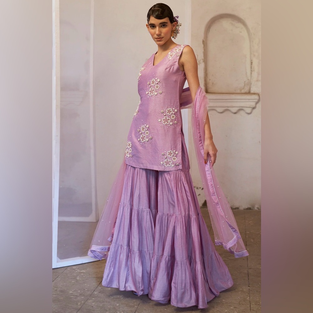 Lilac Dupian Silk tiered sharara set(no dupatta)